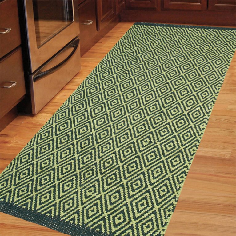 Cosmorugs Designer Handloom Cotton Kitchen Mats 3x1.5ft Light Green and Dark Green