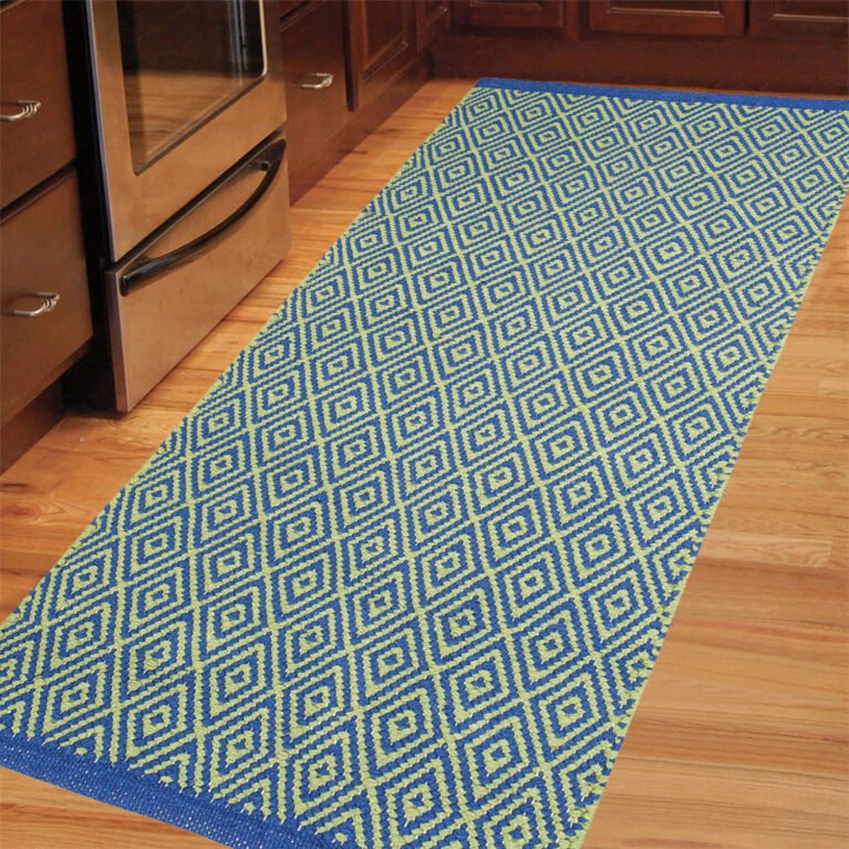Cosmorugs Designer Handloom Cotton Kitchen Mats 3x1.5ft Light Green and Dark Blue