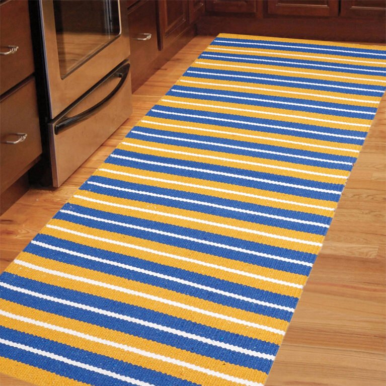 Cosmorugs Designer Handloom Cotton Kitchen Mats 3x1.5ft Blue and Yellow Stripes